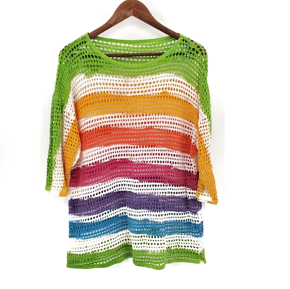 Womens Striped Mesh Beach Swimsuit Coverup Size M Semi Sheer Summer Multicolor